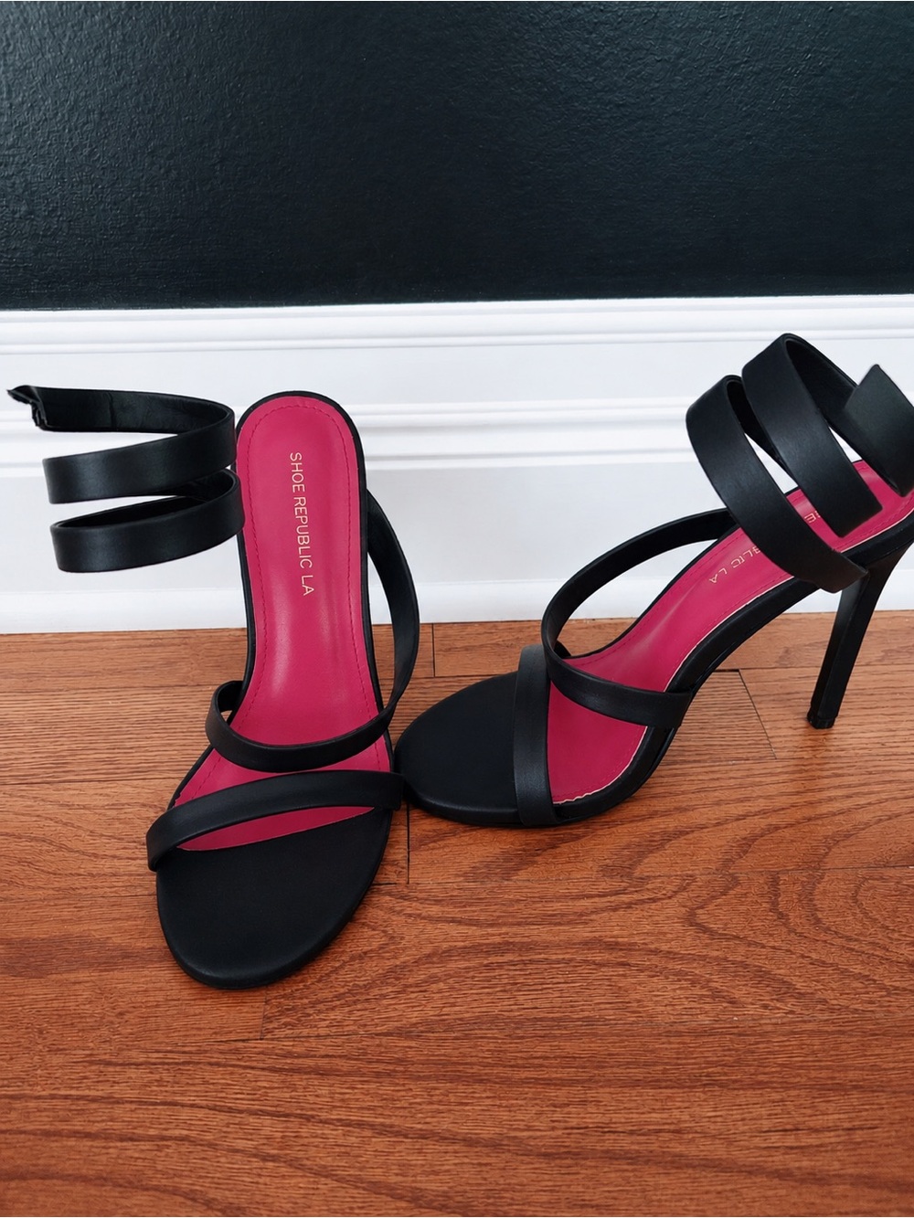 Shoe Republic LA Black Heeled Sandals with Pink Footbed